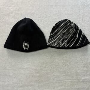 Spyder Logo Web Vintage Beanie Hat Y2K Lot Black White Stripe Winter Wool Blend